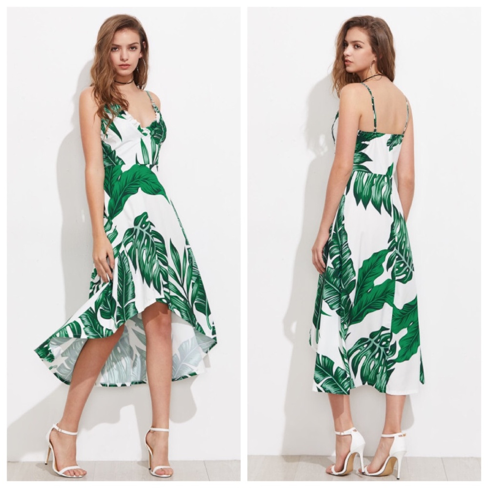 Palm Leaf Print O-Ring Frill Trim Dip Hem Dress